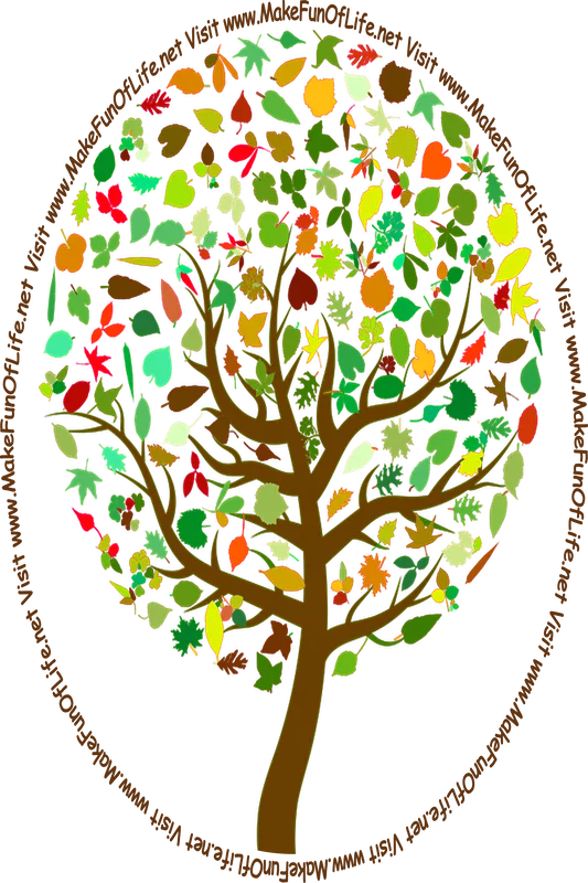 Picture of a tree trunk covered with a variety of leaves in different shapes and shades of color from different types of trees, as though expressing the idea, 'I am every tree.'