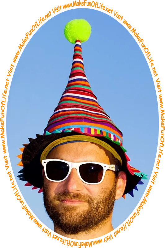 Picture of a man wearing a silly hat that is shaped like a cone, with a fluff ball on the top, and the words, ‘Visit www.MakeFunOfLife.net.’