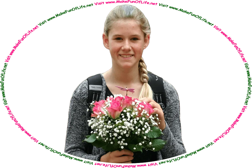 Picture of a happy smiling woman a bouquet of flowers, and the words, Visit www.MakeFunOfLife.net.