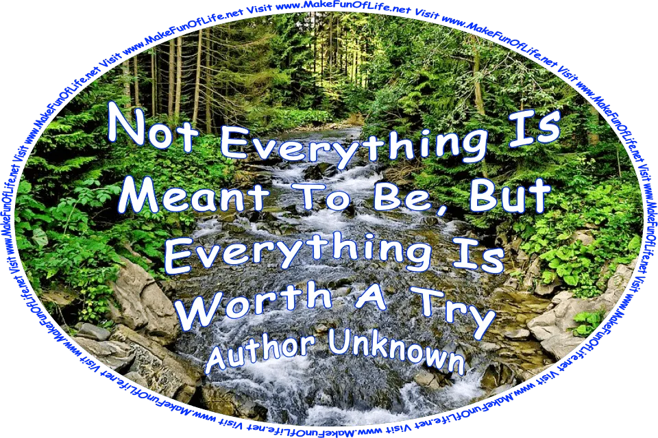 Picture of a brook running through a dense forest of leafy green trees, and the words, ‘Not Everything Is Meant To Be, But Everything Is Worth A Try -Author Unknown - Visit www.MakeFunOfLife.net.’