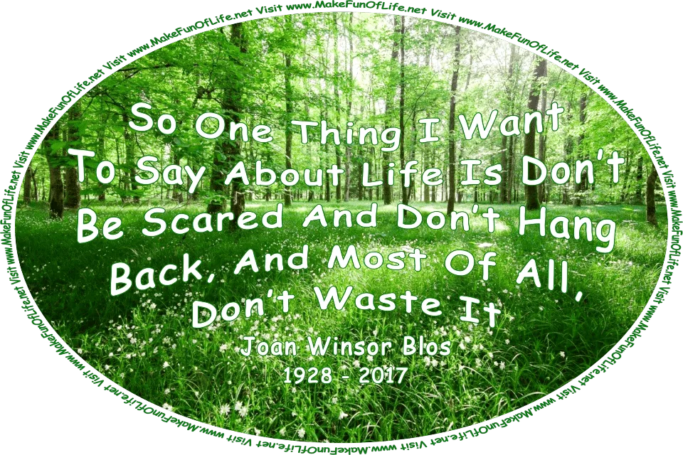 Picture of a woods with flowering plants with white blossoms, and green leafy trees creating areas that are shady, and sunbeams creating areas that are sunny, and the words, ‘So one thing I want to say about life is don’t be scared and don’t hang back, and most of all, don’t waste it. - Joan Winsor Blos - 1928 - 2017 - Visit www.MakeFunOfLife.net.’