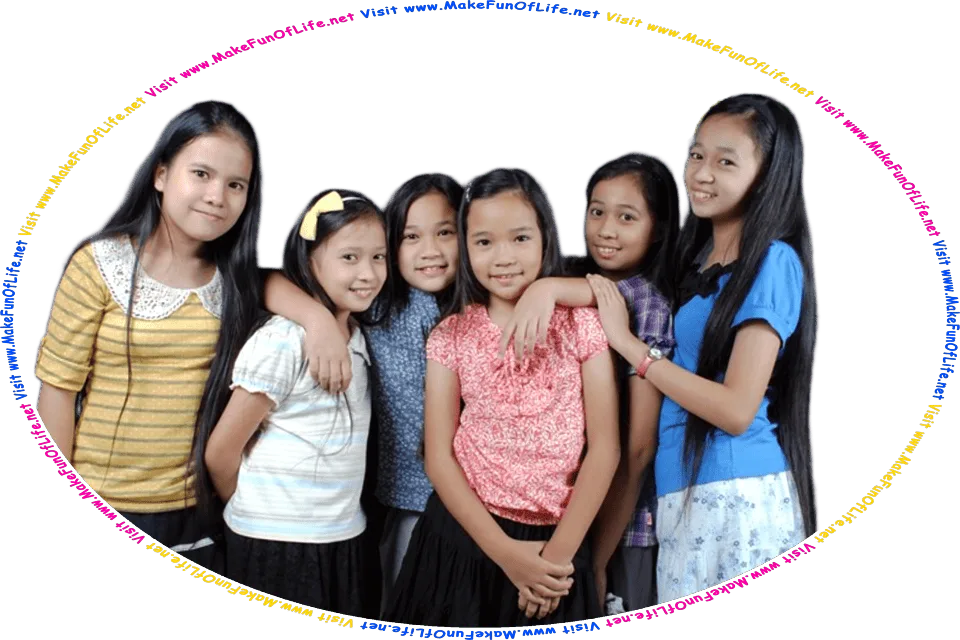 Picture of six happy smiling schoolgirls, and the words, Visit www.MakeFunOfLife.net.