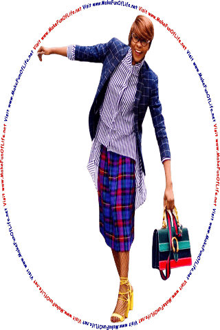 Picture of a happy smiling woman keeping her balance while playfully walking an absolutely straight line as she carries a large handbag, and the words, Visit www.MakeFunOfLife.net.