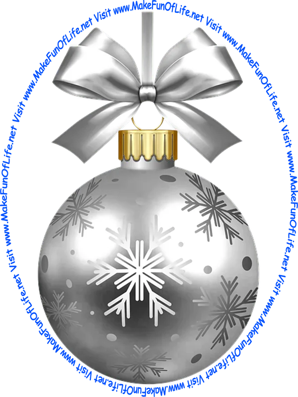 Picture of a silver-color Christmas bauble decoration with a silver-color bow and a piece of silver-color ribbon tied to it for hanging the decoration and the words, ‘Visit www.MakeFunOfLife.net.’