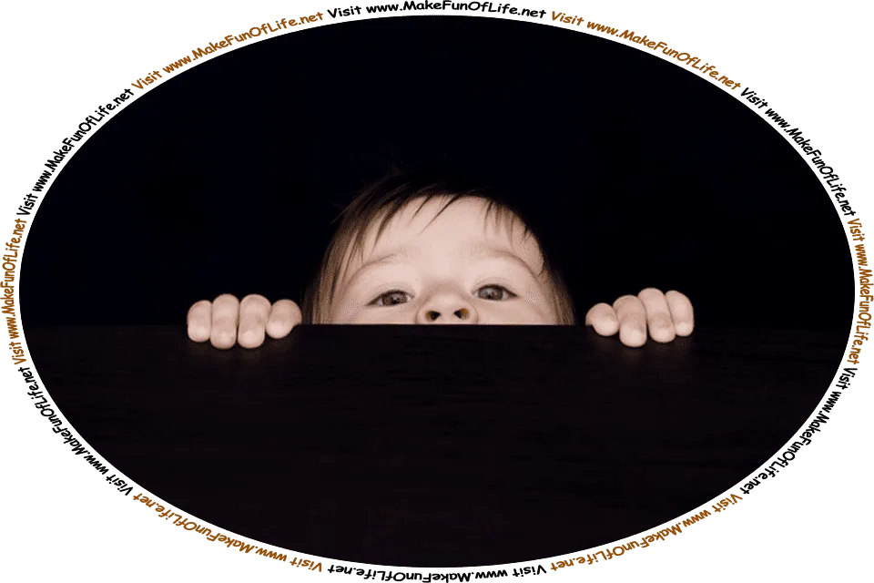 Picture of a young child peering up over the edge of a table, and the words, ‘Visit www.MakeFunOfLife.net.’