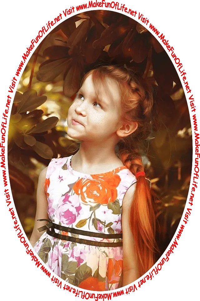 Picture of a girl looking at the words and pictures on the website, and the words, 'Visit www.MakeFunOfLife.net.'