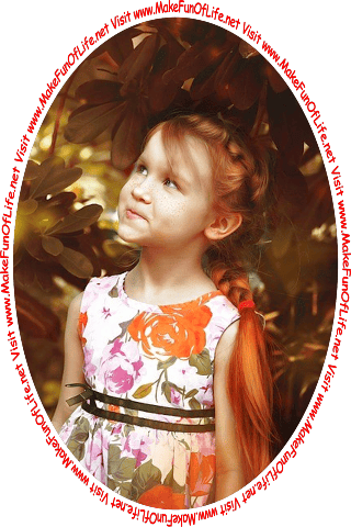 Picture of a girl looking at the words and pictures on the website, and the words, Visit www.MakeFunOfLife.net.