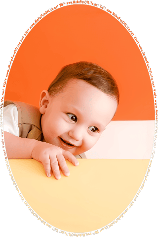 Picture of a happy smiling infant boy looking at the words and pictures on the website, and the words, Visit www.MakeFunOfLife.net.