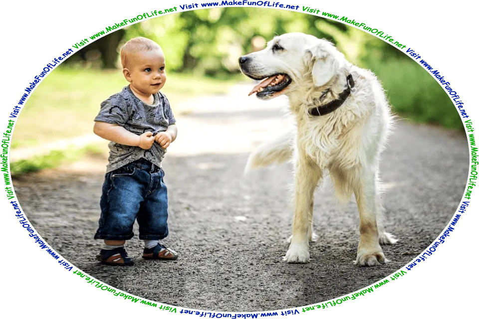 Picture of a happy smiling young boy standing in a driveway, next to a large dog that is slightly taller than him, and the words, Visit www.MakeFunOfLife.net.