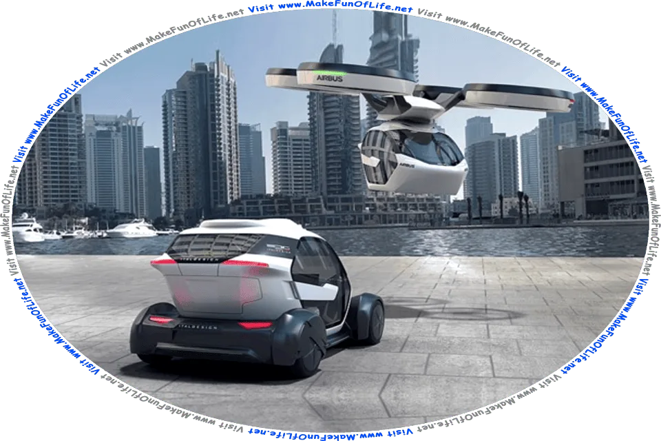 Picture of an automobile parked next to a marina with pleasure boats moored in it, as a flying car approaches to land, in a city of numerous tall skyscrapers, and the words, Visit www.MakeFunOfLife.net.