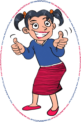 Picture of a happy smiling woman giving a thumbs-up gesture, and the words, Visit www.MakeFunOfLife.net.