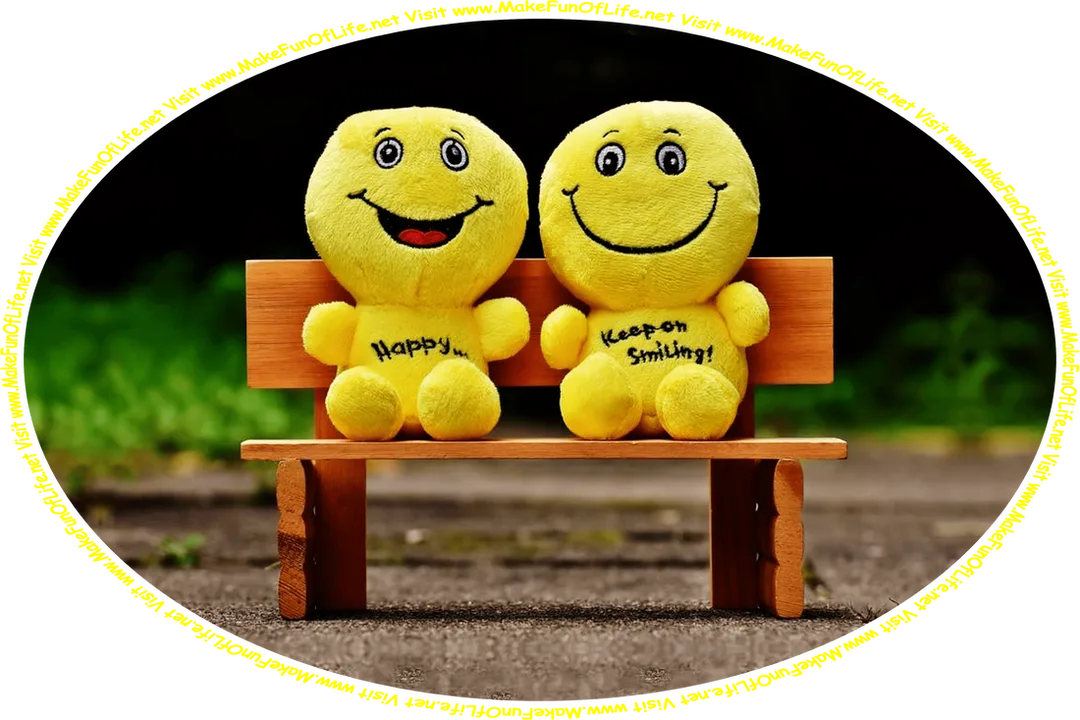 Picture of two bright yellow fuzzy stuffed plush character toys, with happy smiling faces, one with the word ‘Happy’ printed on it and the other with the words ‘Keep On Smiling’ printed on it, and the words, ‘Visit www.MakeFunOfLife.net.’
