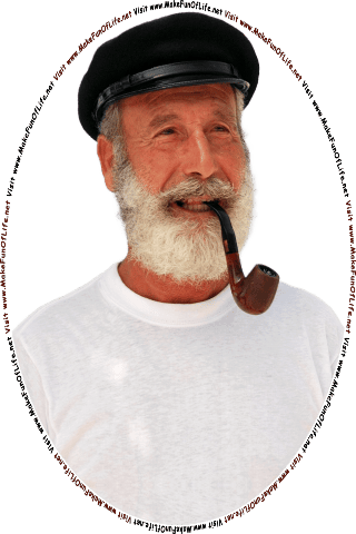Picture of a weathered sea captain looking at the words and pictures on the website, and the words, Visit www.MakeFunOfLife.net.