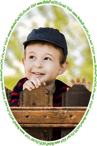 Picture of a boy looking over a wooden fence to see the words and pictures on the website, and the words, Visit www.MakeFunOfLife.net.