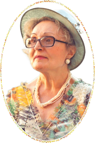 Picture of a woman wearing a hat and eyeglasses and looking at the words and pictures on the website, and the words, Visit www.MakeFunOfLife.net.