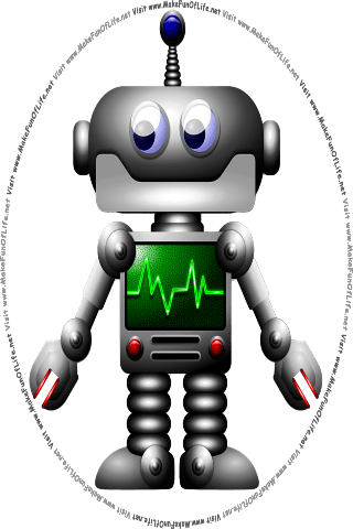 Picture of a toy robot looking at the words and pictures on the website, and the words, Visit www.MakeFunOfLife.net.