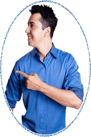 Picture of a happy smiling young man pointing at the words and pictures on the website, and the words, Visit www.MakeFunOfLife.net.