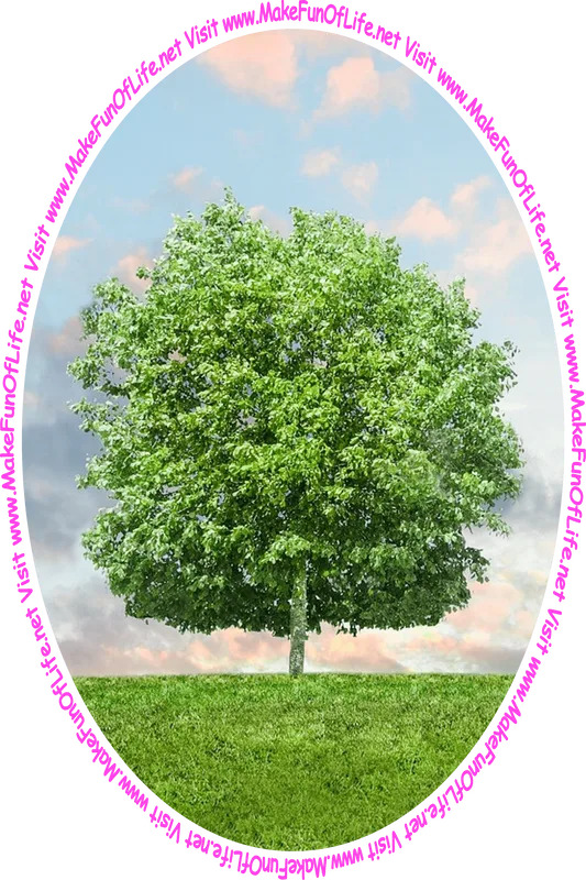 Picture of a leafy green tree in a grassy green lawn, a blue sky with pink-hued clouds of a sunsetting day above, and the words, 'Visit www.MakeFunOfLife.net.'