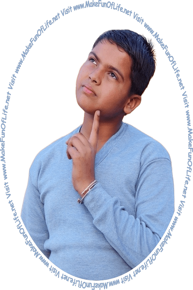 Picture of a boy looking at the words and pictures on the website, ‘Visit www.MakeFunOfLife.net.’