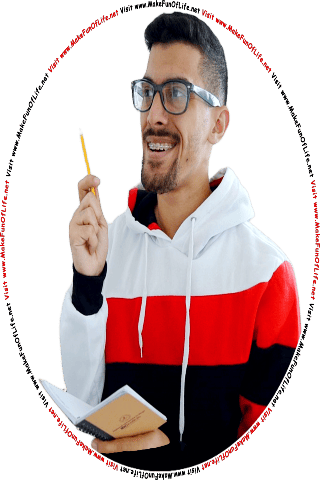 Picture of a happy smiling young man writing notes with a pencil in a notebook, as he looks at the words and pictures on the website, and the words, Visit www.MakeFunOfLife.net.