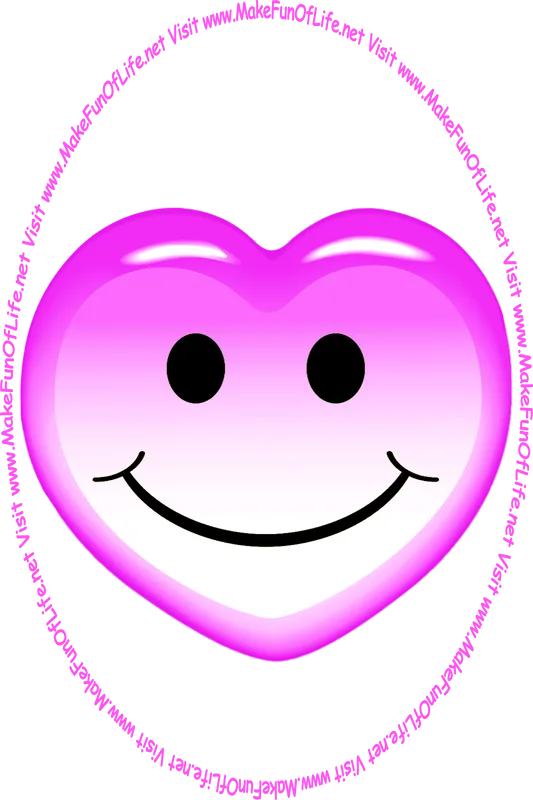 Picture of a purplish-lavender heart with a whimsical smiley face on it, and the words, ‘Visit www.MakeFunOfLife.net.’