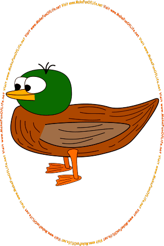 Picture of a cartoon duck looking at the words and pictures on the website, and the words, Visit www.MakeFunOfLife.net.