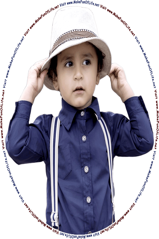 Picture of a young boy holding onto his hat as he looks at the words and pictures on the website, and the words, Visit www.MakeFunOfLife.net.