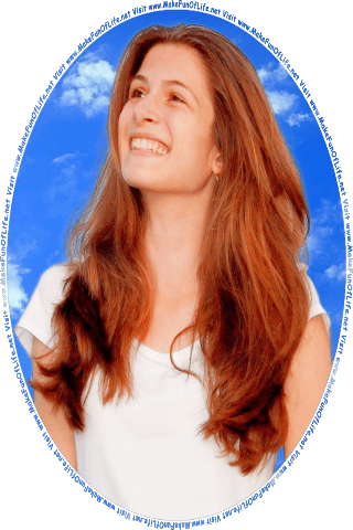Picture of a happy smiling woman looking at the words and pictures on the website, and the words, Visit www.MakeFunOfLife.net.