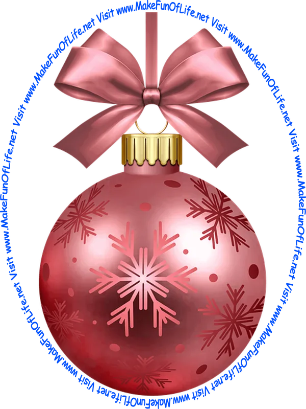 Picture of a rose-color Christmas bauble decoration with a rose-color bow and a piece of rose-color ribbon tied to it for hanging the decoration and the words, ‘Visit www.MakeFunOfLife.net.’