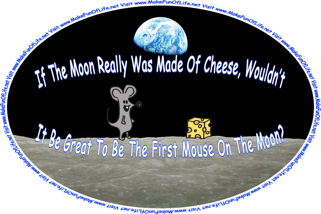 Picture of a happy smiling mouse standing on the Moon, looking at a piece of Swiss Cheese, and the words, ‘If The Moon Really Was Made Of Cheese, Wouldn’t It Be Great To Be The First Mouse On The Moon? Visit www.MakeFunOfLife.net.’