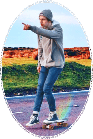 Picture of a young man on a skateboard, pointing at the words and pictures on the website, and the words, Visit www.MakeFunOfLife.net.