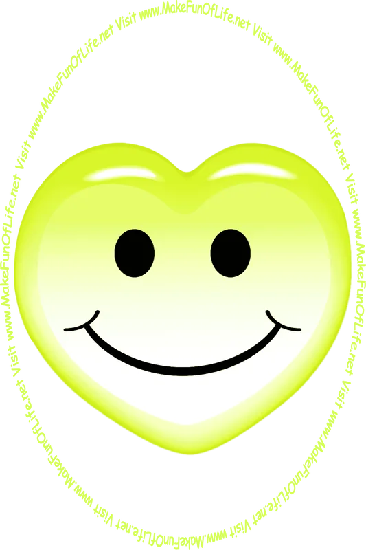 Picture of a greenish-yellow with a whimsical smiley face on it, and the words, ‘Visit www.MakeFunOfLife.net.’