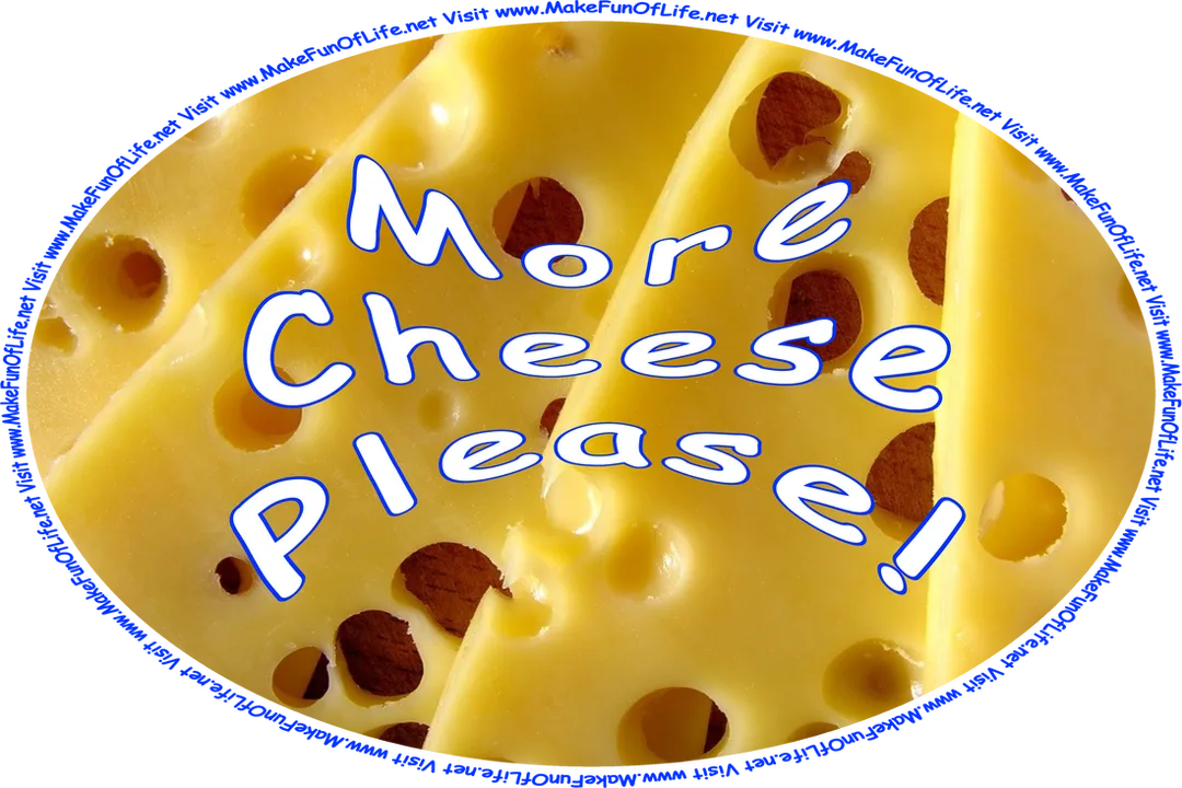 Picture of Swiss cheese, and the words, ‘More Cheese Please! - Visit www.MakeFunOfLife.net.’