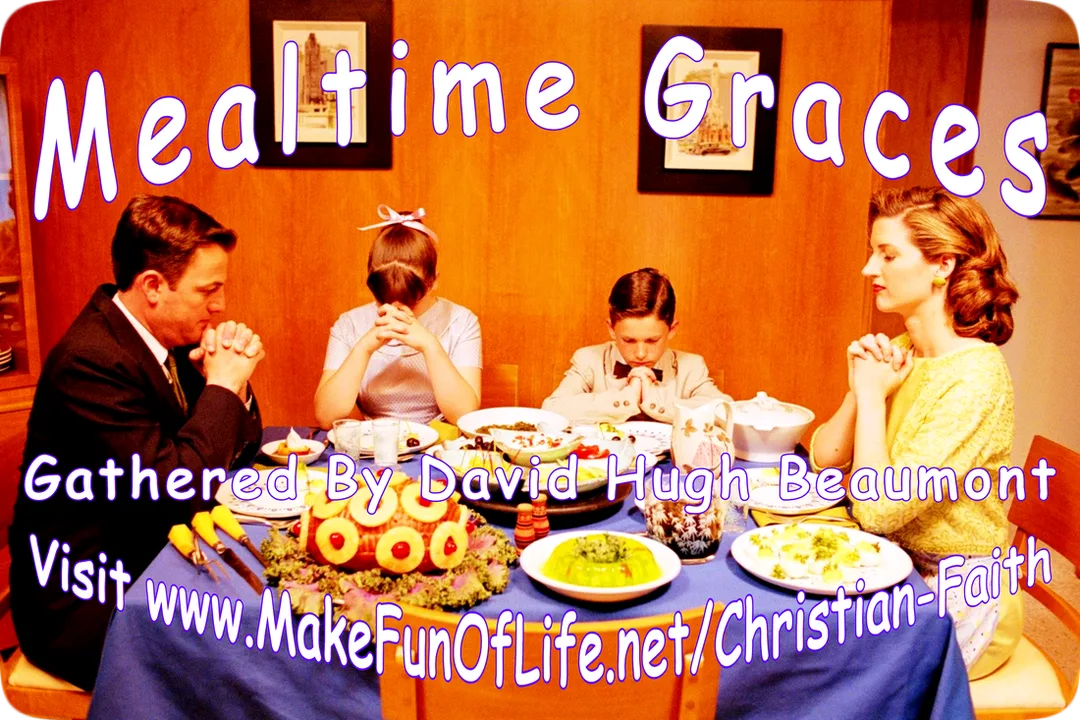 Picture of a family with a husband, wife, daughter, and son seated at a table, all four with heads bowed and hands folded in prayer.