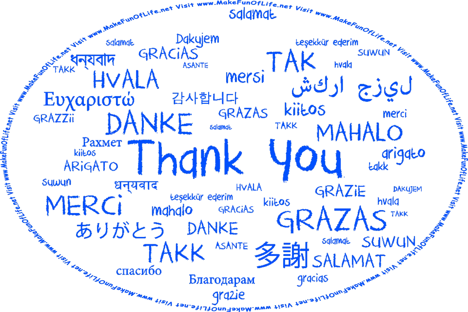 Picture of the phrase, Thank You, in various languages, and the words, Visit www.MakeFunOfLife.net.