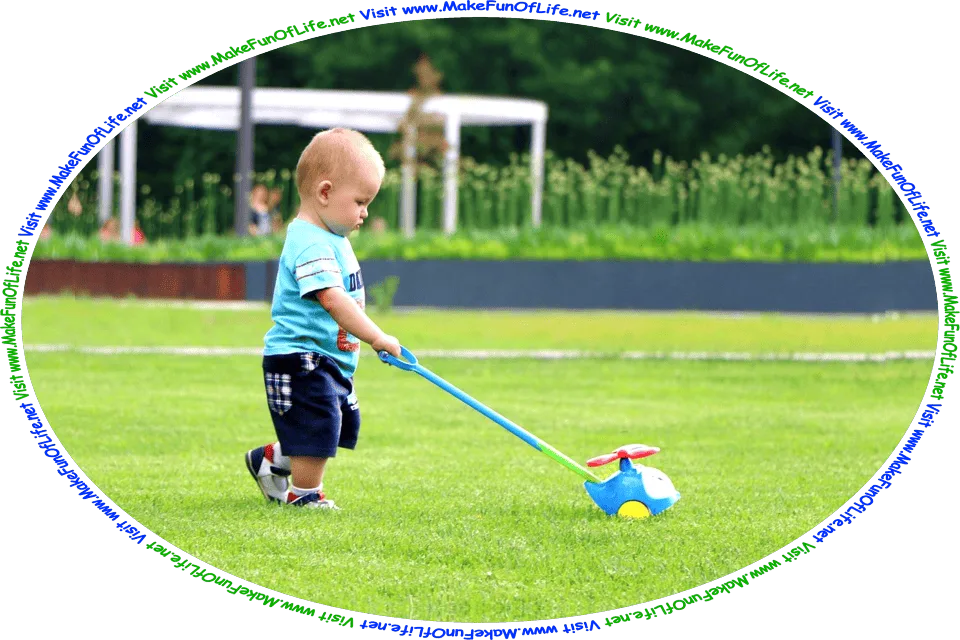Picture of a toddler boy playing with a toy helicopter in a green grassy yard, and the words, ‘Visit www.MakeFunOfLife.net.’