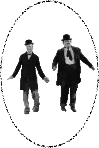 Animation of the happy smiling comedy duo Arthur Stanley Jefferson ‘Stan’ Laurel and Oliver Hardy dancing, and the words, ‘Visit www.MakeFunOfLife.net.’