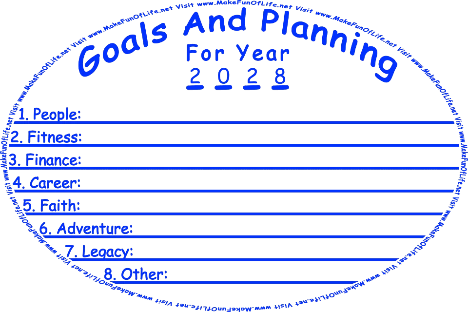 Picture of the words, Goals And Planning For Year 2028, followed by a list of words on individual lines as follows: 1. People, 2. Fitness, 3. Finance, 4. Career, 5. Faith, 5. Adventure, 7. Legacy, and 8. Other, and the words, Visit www.MakeFunOfLife.net.