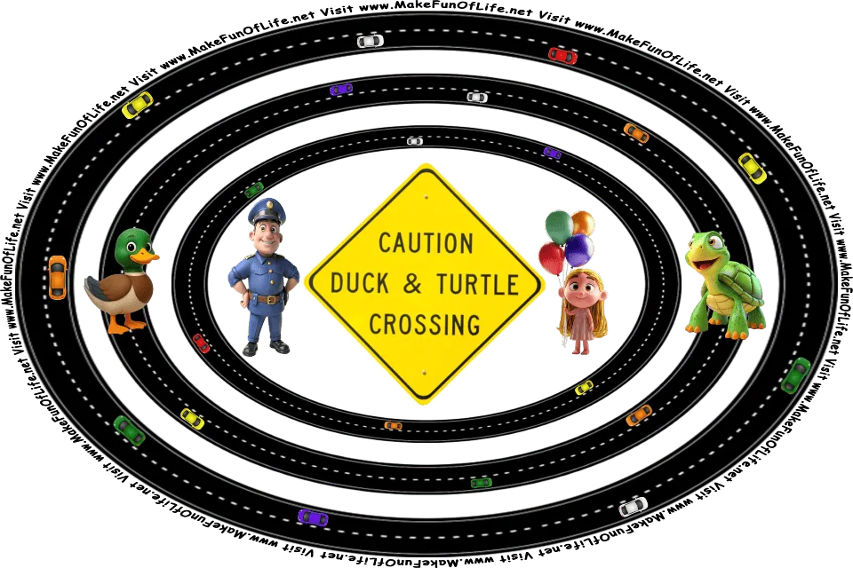 Picture of three roads going in circles around a sign reading, Caution - Duck And Turtle Crossing, with a duck and a turtle crossing a road, cars driving on the roads, and a happy smiling police officer and a little girl holding balloons standing next to the sign, and the words, Visit www.MakeFunOfLife.net.