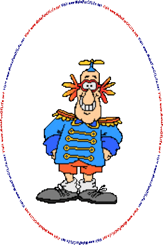 Picture of a happy smiling man dressed in a marching band uniform, wearing a propeller beanie hat, and gesturing at the words and pictures on the website.