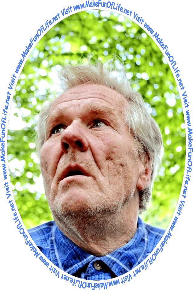 Picture of a man standing under a leafy green shade tree and looking at the words and pictures on the website, and the words, 'Visit www.MakeFunOfLife.net.'