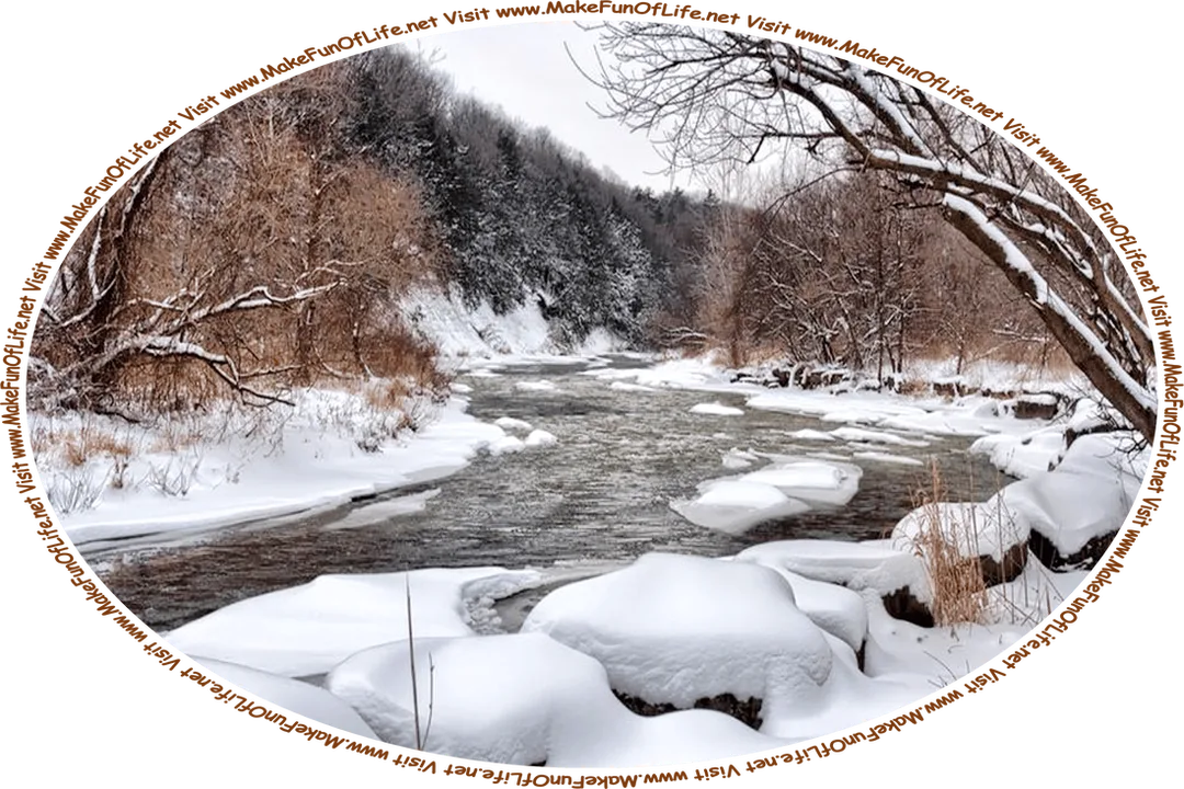 Wintertime picture of a river flowing through a wilderness area, with fallen snow and bare trees on its banks, an overcast sky above, and the words, ‘Visit www.MakeFunOfLife.net.’