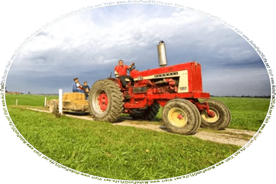 Picture of a big red farm tractor pulling a hay wagon filled with hay on top of which people are seated, and the words, Visit www.MakeFunOfLife.net.