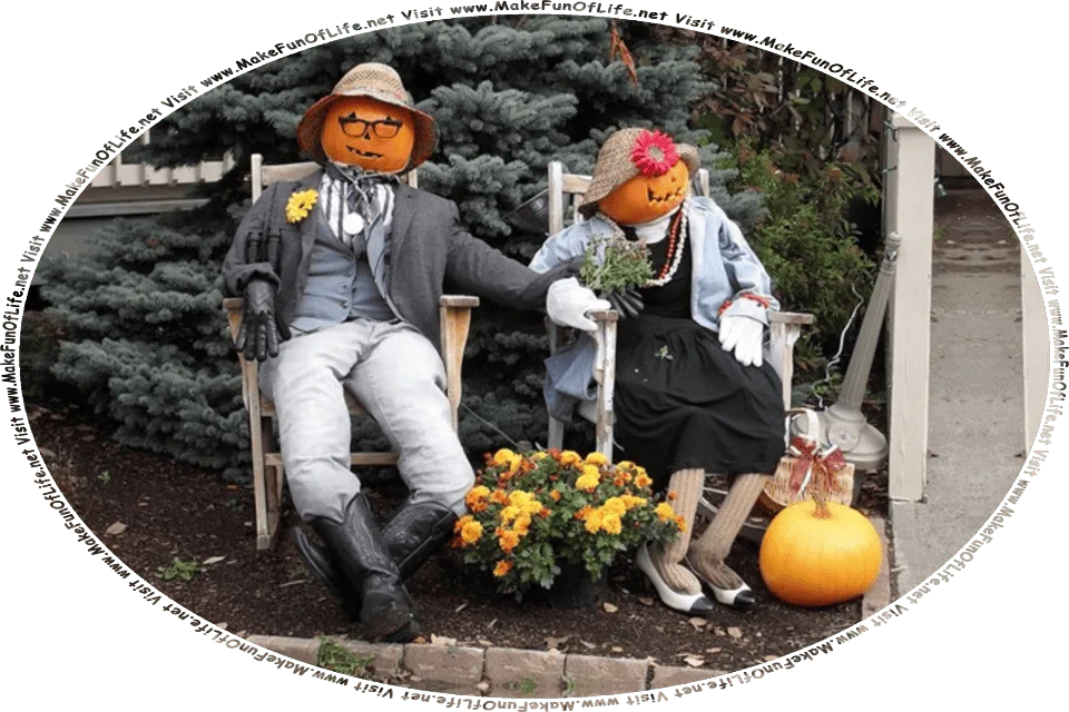 Picture of a humorous Halloween decoration made by stuffing old clothes and shoes and using jack o’lantern pumpkins as heads to make a man and woman, and the words, Visit www.MakeFunOfLife.net.