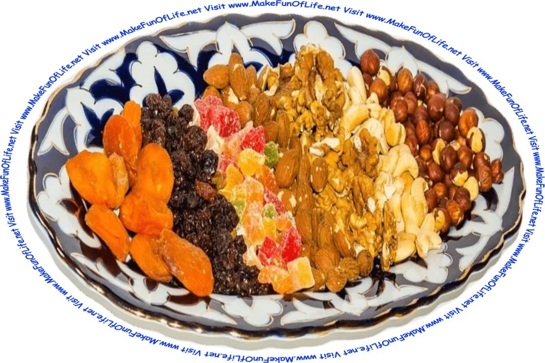 Picture of a serving platter loaded with dried apricots, raisins, candied fruits, almonds, cashews, peanuts, and the words, ‘Visit www.MakeFunOfLife.net.’