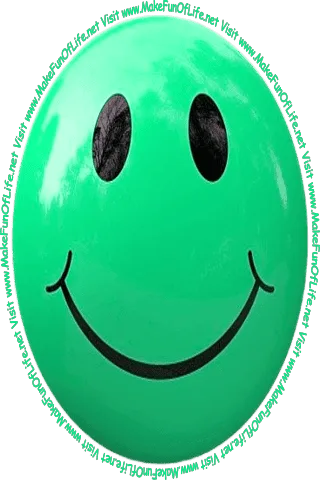 Picture of a blue-green smiley face and the words, 'Visit www.MakeFunOfLife.net.'