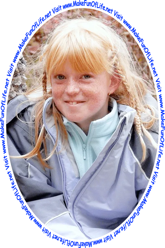 Picture of a happy smiling girl outside wearing a winter coat, and the words, ‘Visit www.MakeFunOfLife.net.’