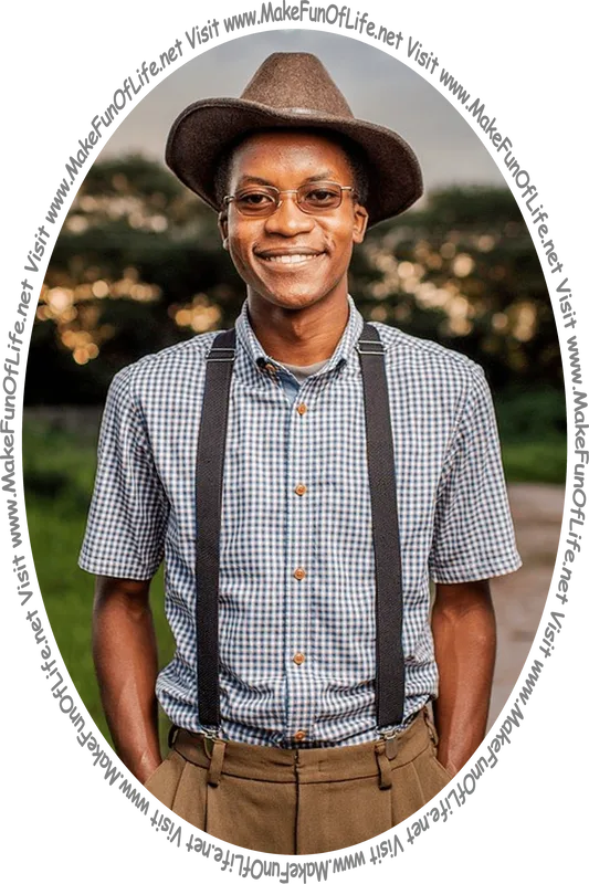 Picture of a happy smiling man standing outdoors, wearing a hat, suspenders, and tinted eyeglasses, and the words, ‘Visit www.MakeFunOfLife.net.’