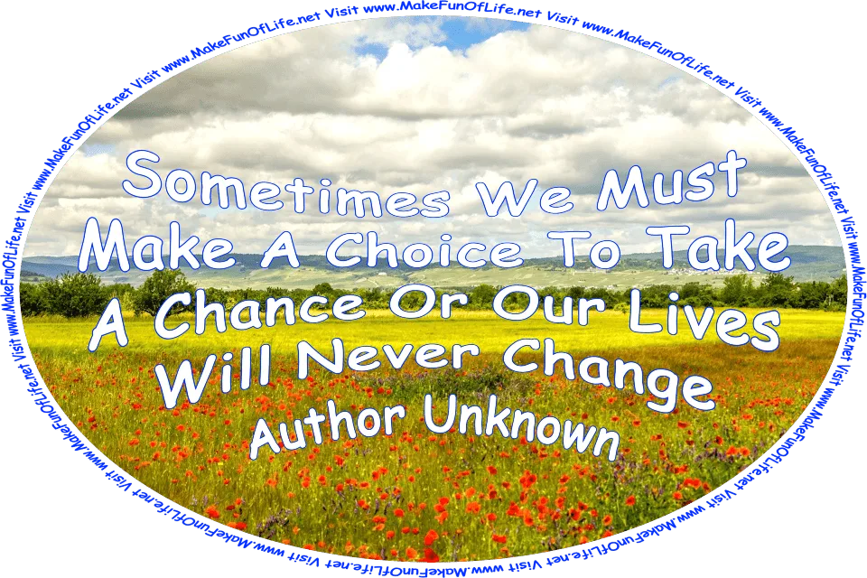 Picture of a field of red poppy flowers, and the words, ‘Sometimes We Must Make A Choice, To Take A Chance, Or Our Lives Will Never Change - Author Unknown - Visit www.MakeFunOfLife.net.’