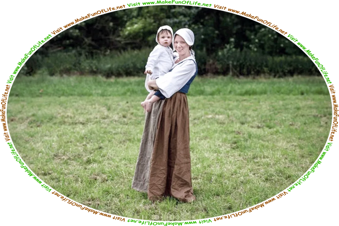 Picture of a happy smiling woman standing in a grassy field, while holding an infant child, and the words, Visit www.MakeFunOfLife.net.